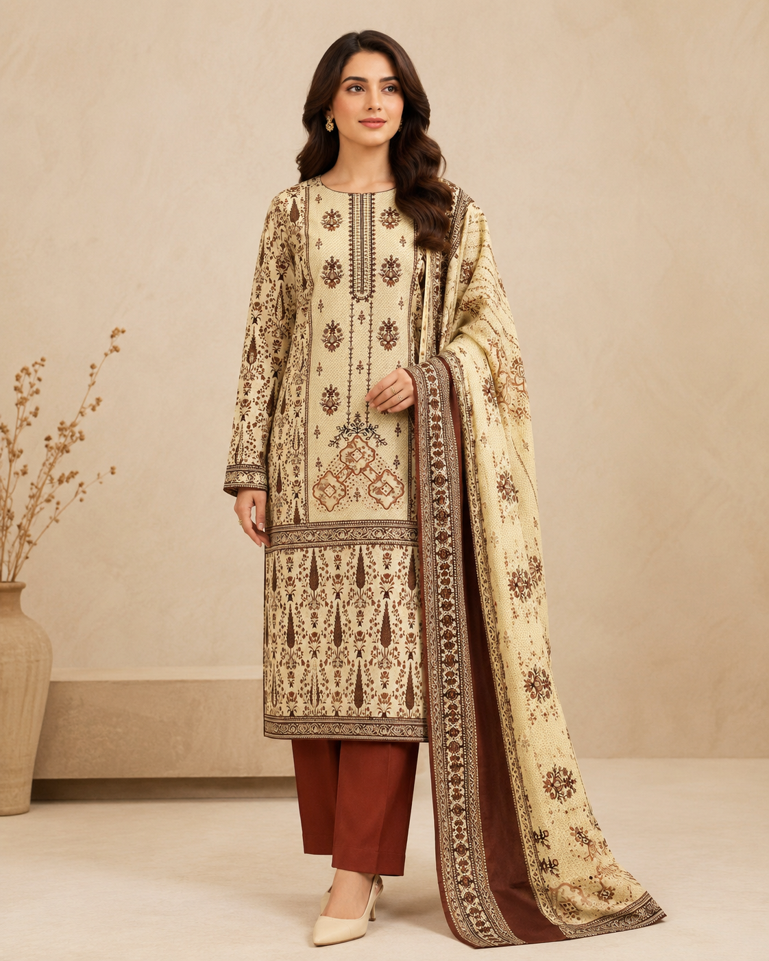 Meher Rust Printed 3-Piece Unstitched Lawn Suit