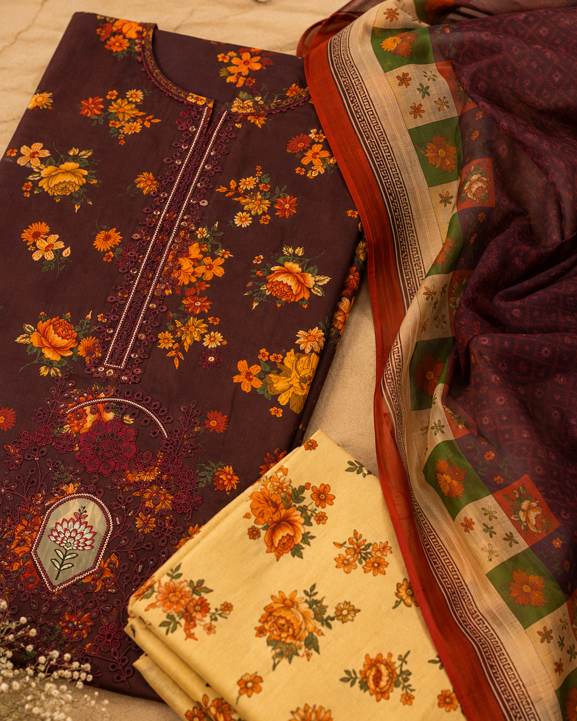 Gulnaar Maroon Floral 3-Piece Unstitched Suit