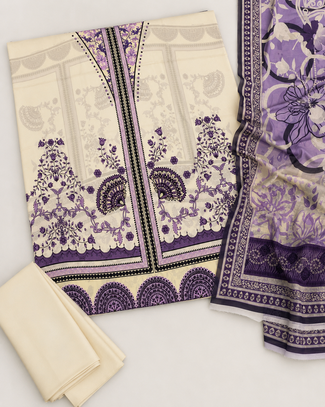 Ivory & Lavender Floral Printed 3 Piece Unstitched Suit