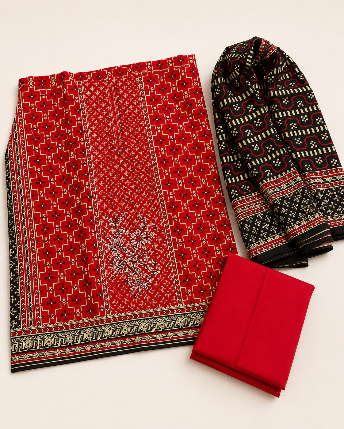 Crimson Heritage Red & Black Printed Unstitched 3-Piece Suit
