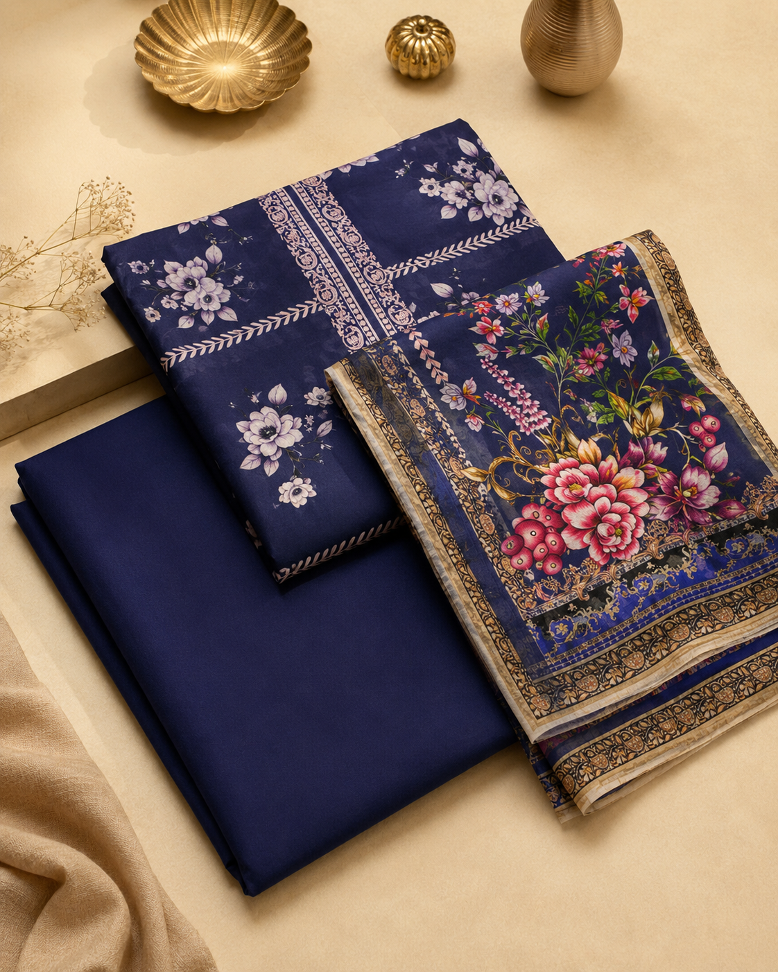 Navy Floral 3 Piece Unstitched Suit