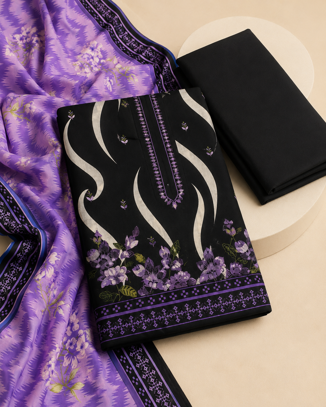 Noir Lavender Floral 3-Piece Unstitched Suit