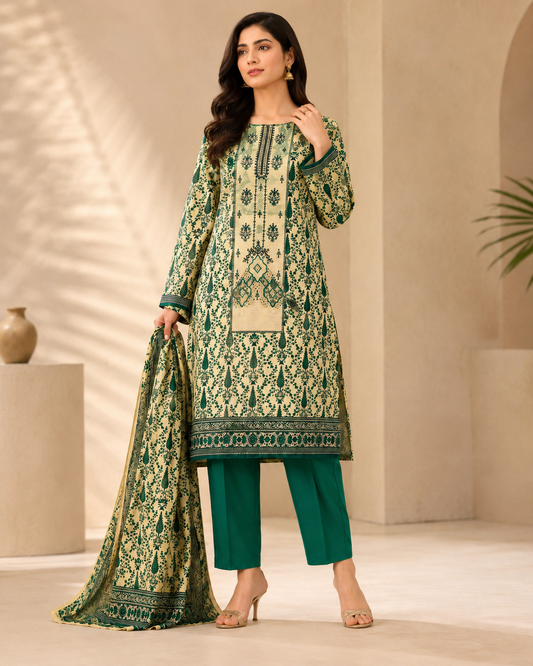 Emerald Green & Cream Printed 3-Piece Unstitched Ladies Suit