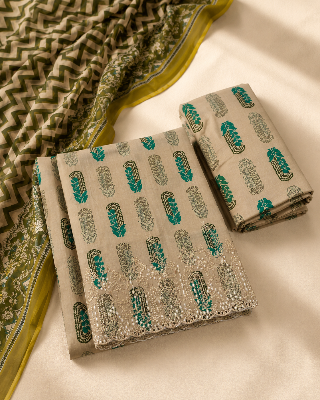 Emerald Paisley Beige Embroidered 3-Piece Unstitched Suit