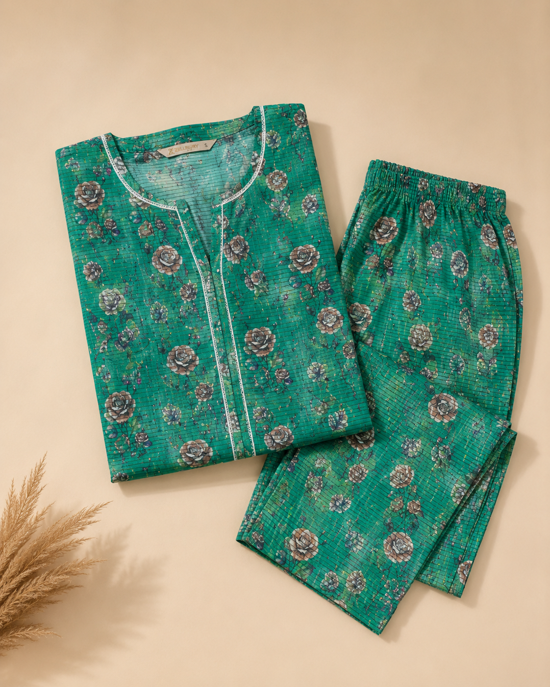 Teal Floral Nan Karo 2 Piece Unstitched Suit