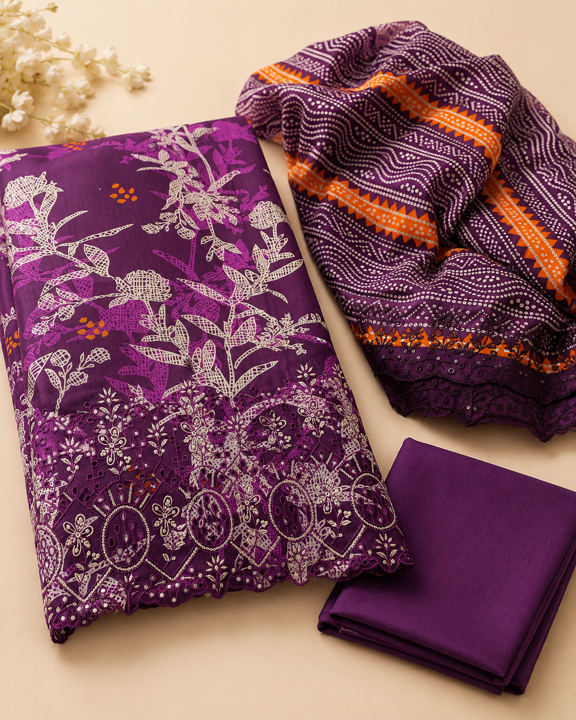 Mehroon Purple Floral 3 Piece Unstitched Suit