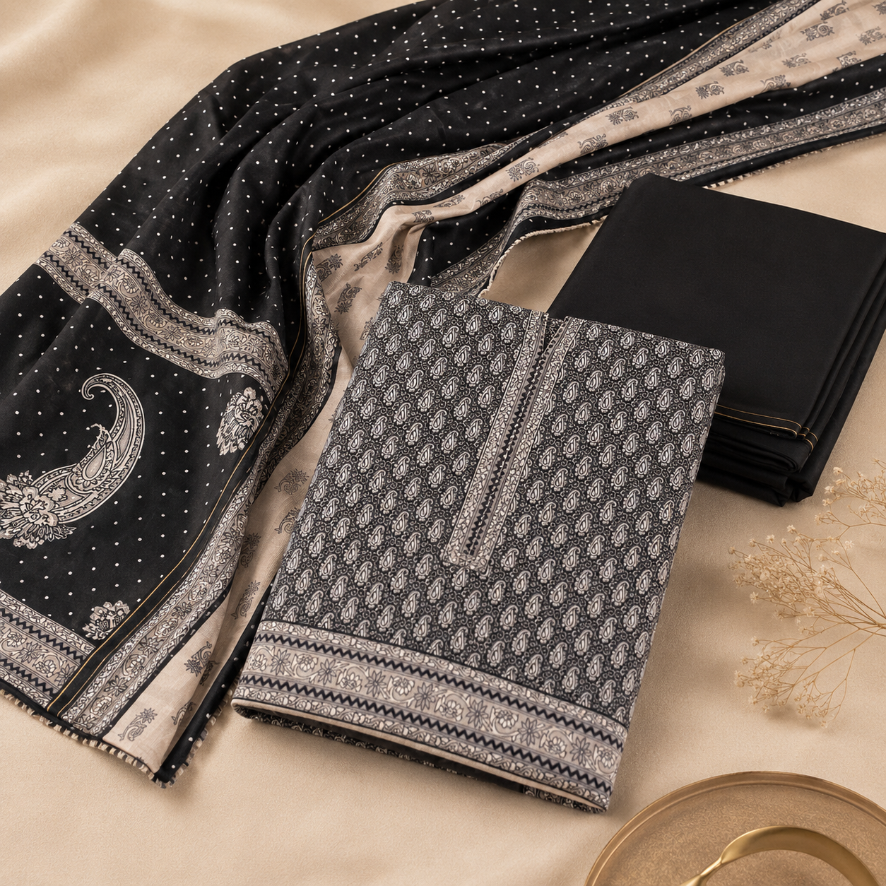 Classic Black Paisley 3-Piece Unstitched Ladies Suit