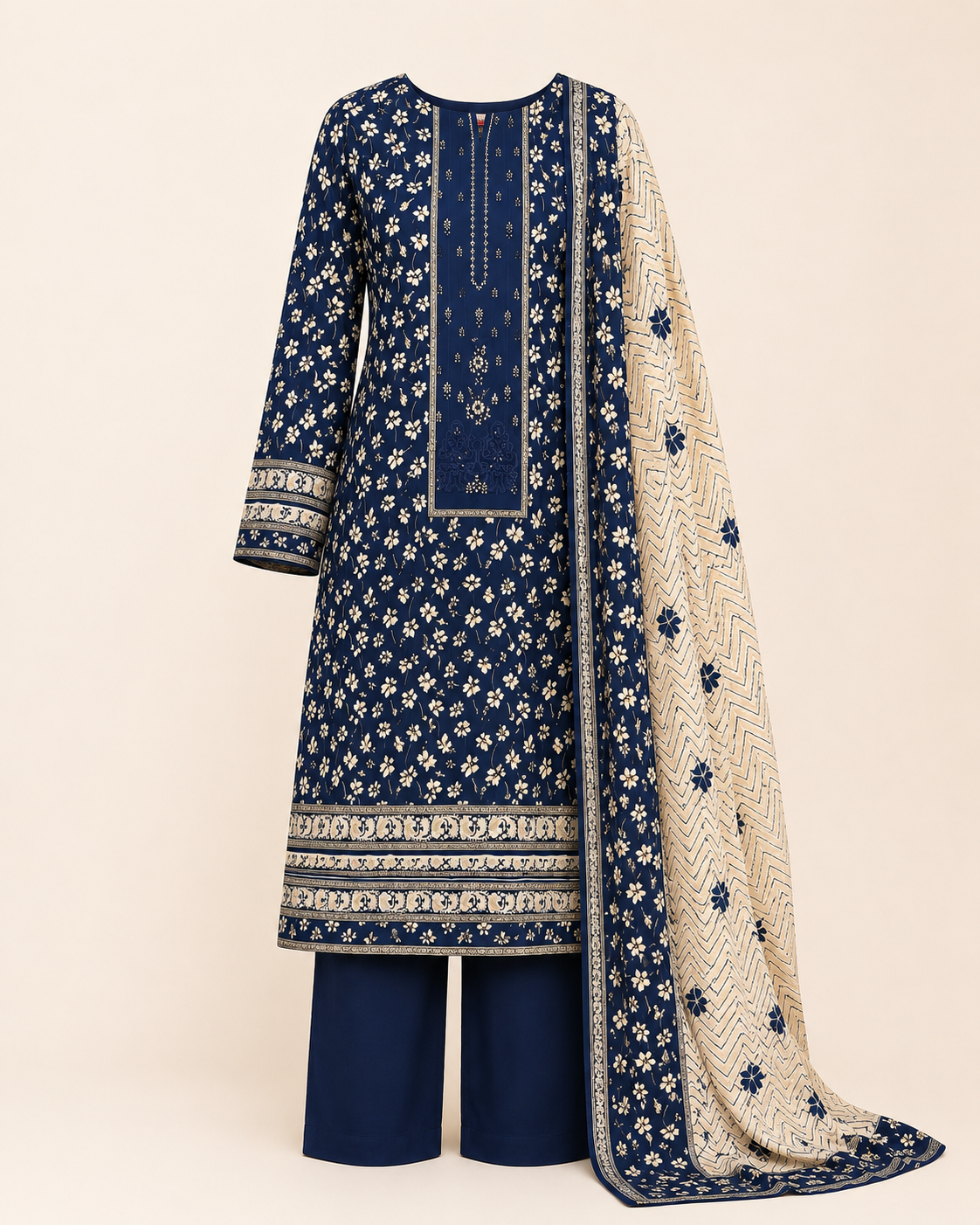 Meher Navy Floral 3-Piece Unstitched Suit with Printed Dupatta