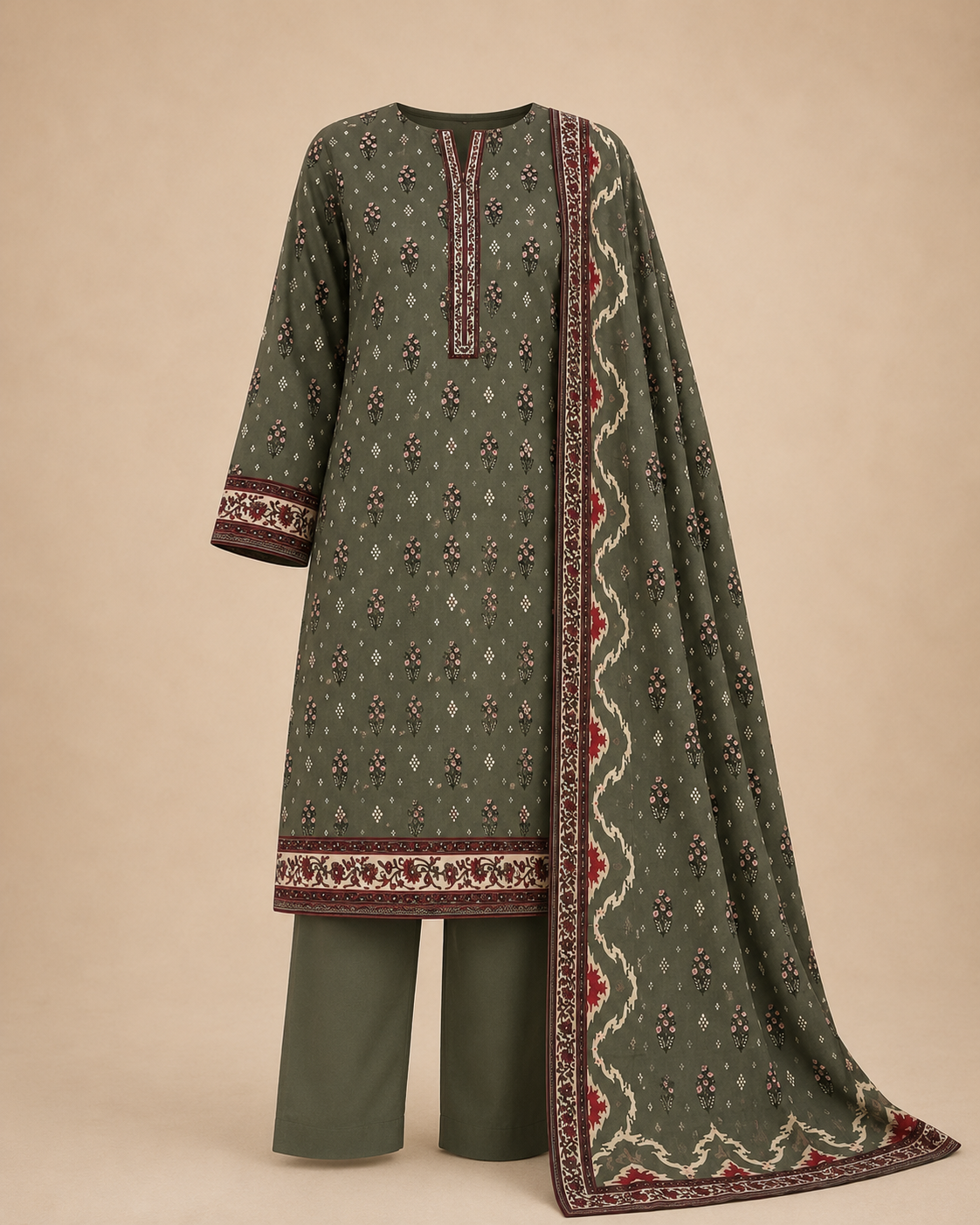 Mehreen Olive Floral 3-Piece Unstitched Ladies Suit