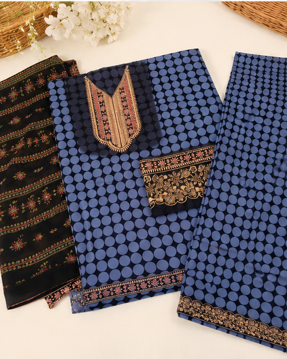 3 Piece Unstitched Printed Lawn Suit with Embroidered Neck & Chiffon Dupatta
