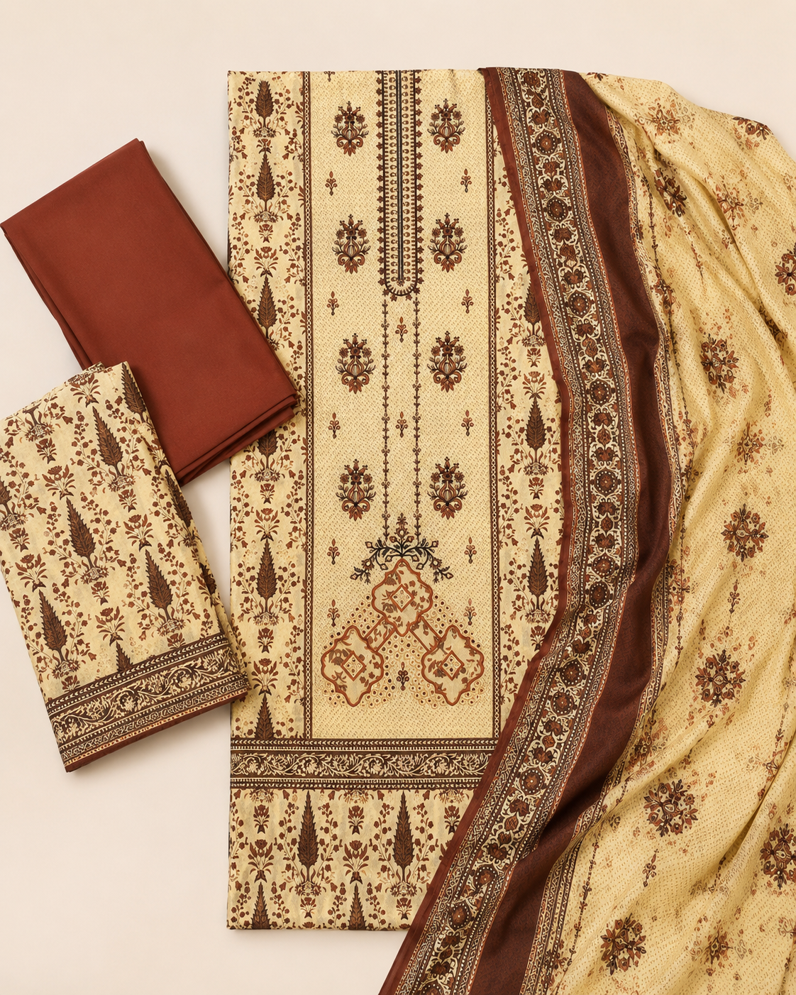 Meher Rust Printed 3-Piece Unstitched Lawn Suit