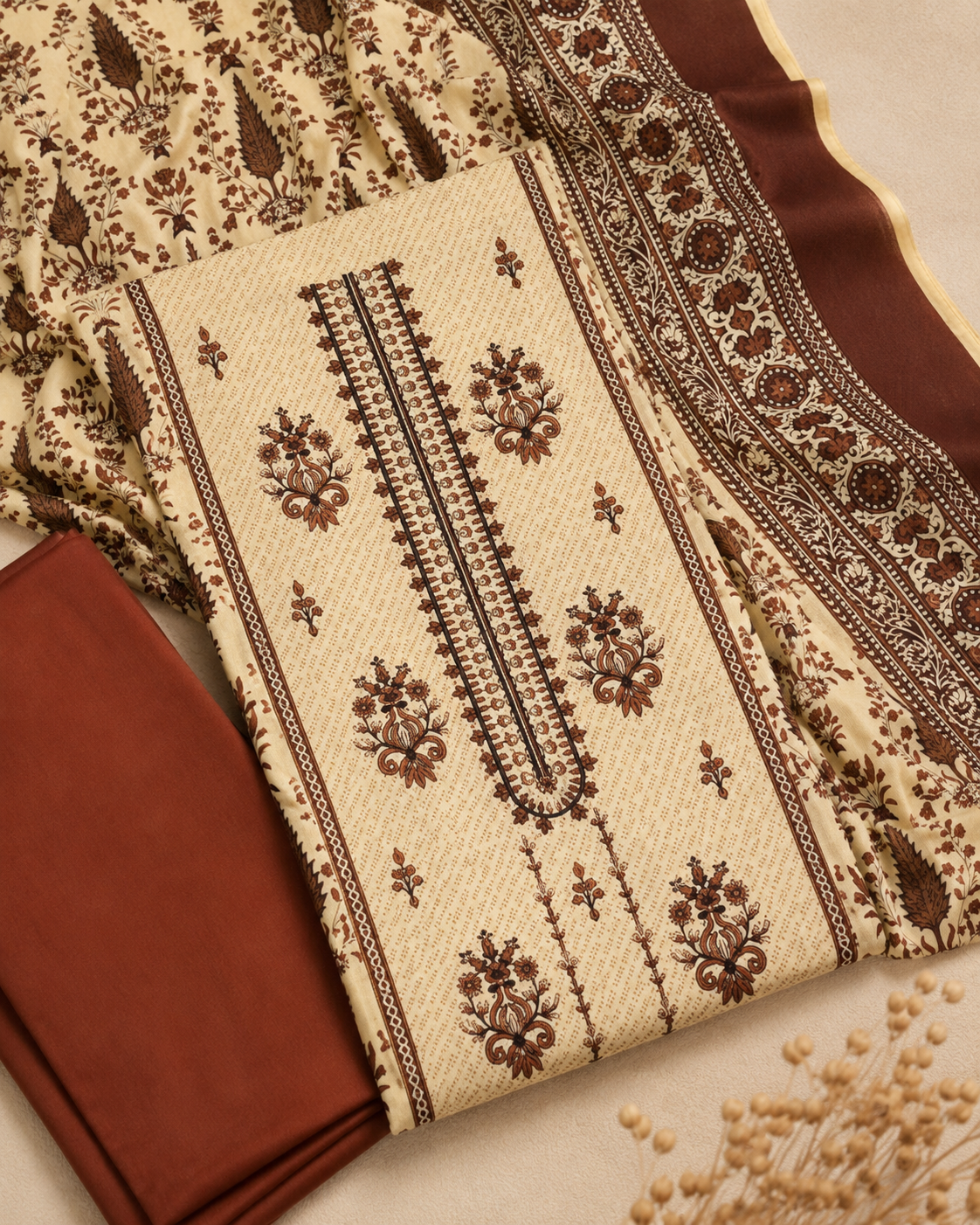 Meher Rust Printed 3-Piece Unstitched Lawn Suit