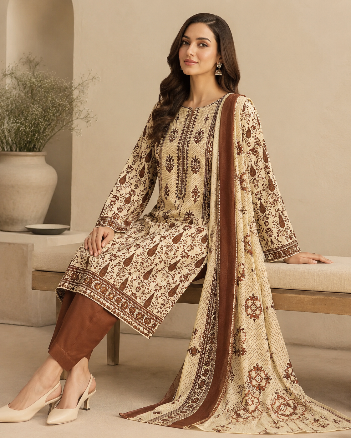 Meher Rust Printed 3-Piece Unstitched Lawn Suit