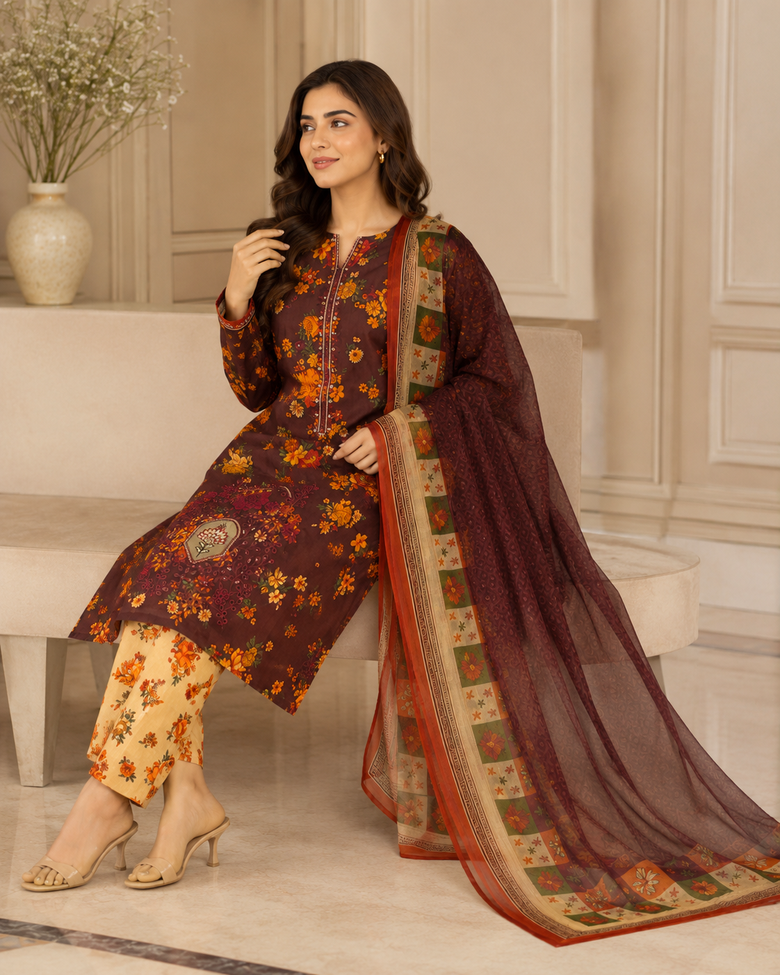 Gulnaar Maroon Floral 3-Piece Unstitched Suit