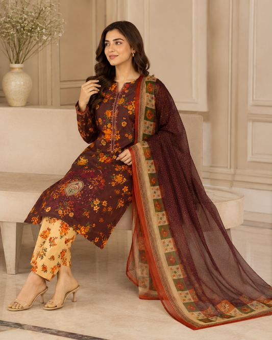 Gulnaar Maroon Floral 3-Piece Unstitched Suit