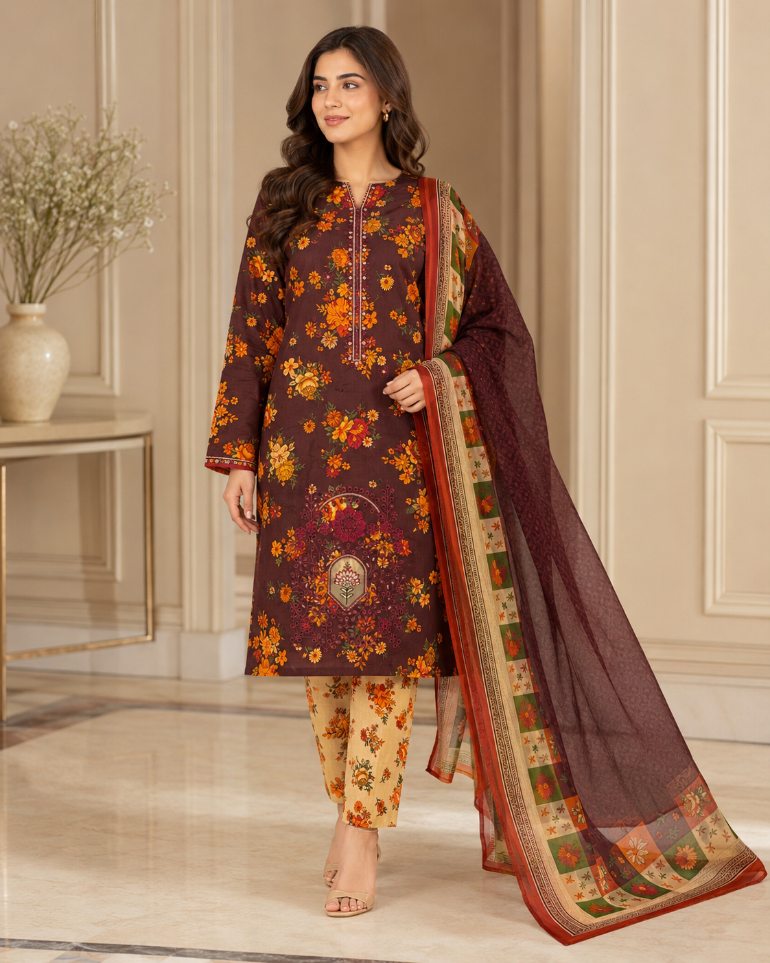 Gulnaar Maroon Floral 3-Piece Unstitched Suit