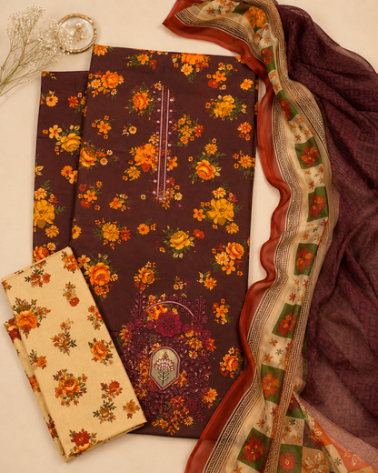 Gulnaar Maroon Floral 3-Piece Unstitched Suit