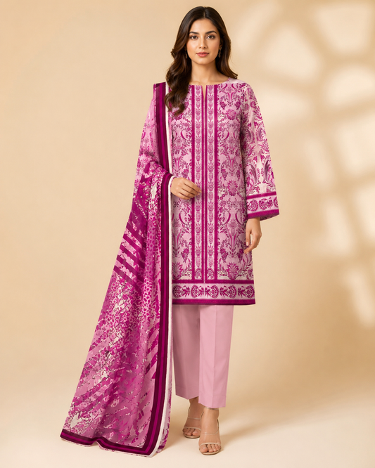 Gulnaar Pink Printed Unstitched 3 Piece Suit