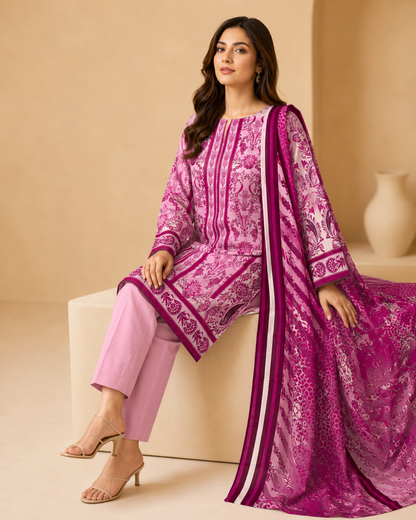 Gulnaar Pink Printed Unstitched 3 Piece Suit