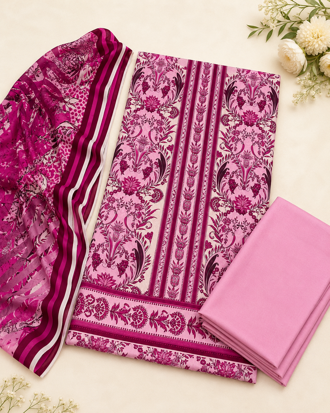 Gulnaar Pink Printed Unstitched 3 Piece Suit
