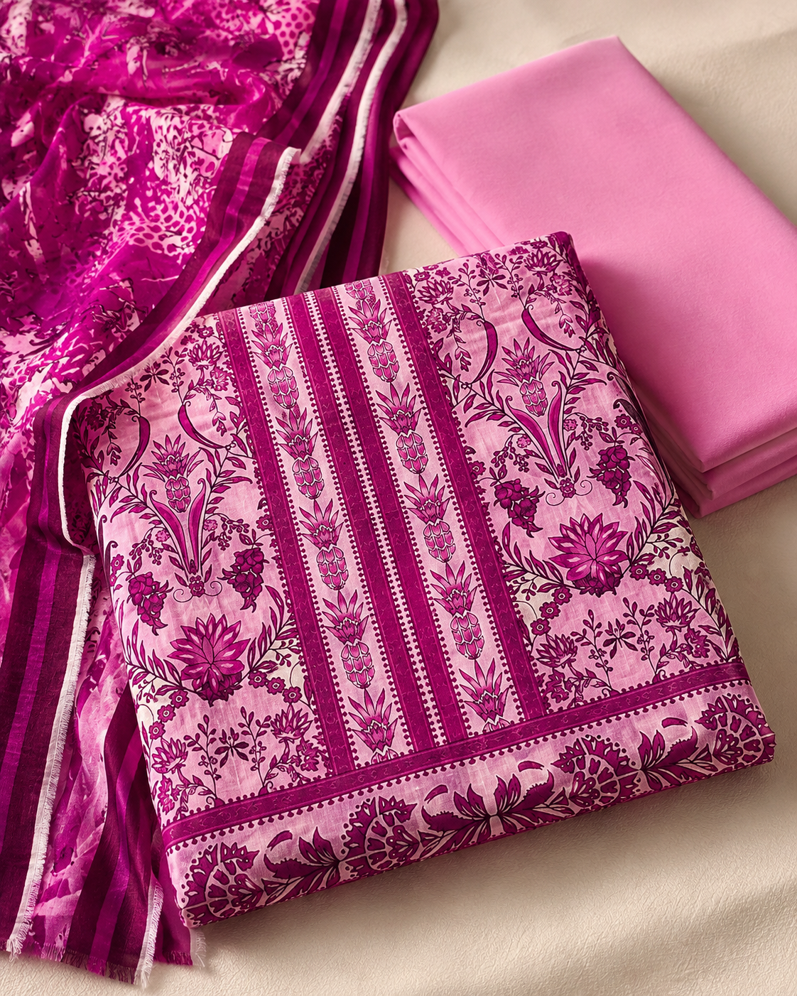 Gulnaar Pink Printed Unstitched 3 Piece Suit
