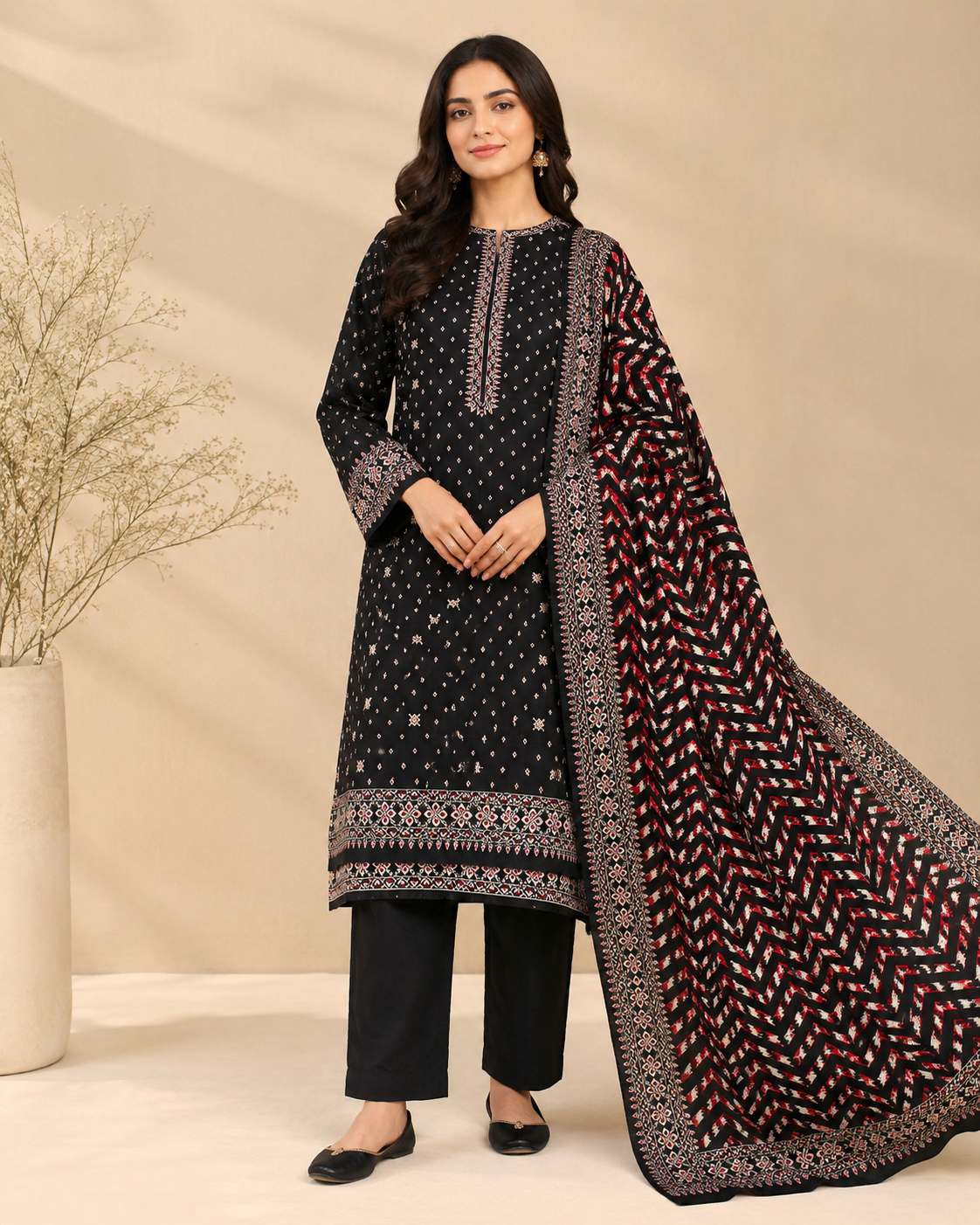 Black & Red Printed Unstitched 3-Piece Ladies Suit