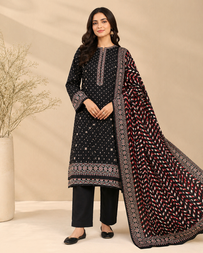 Black & Red Printed Unstitched 3-Piece Ladies Suit