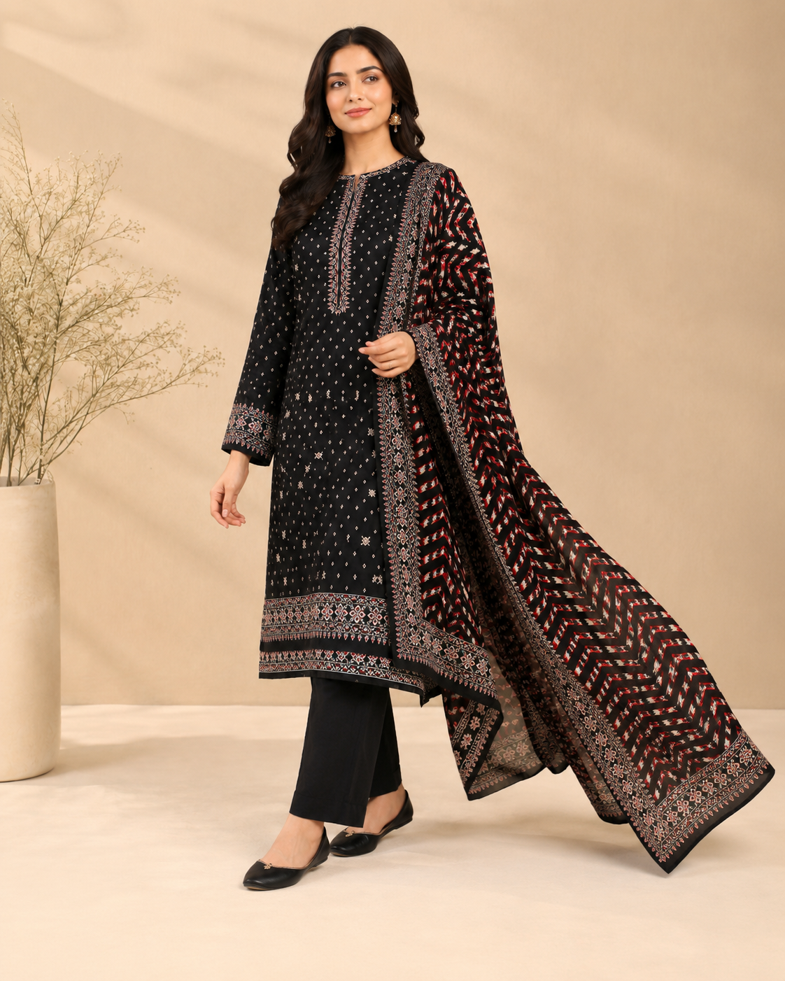 Black & Red Printed Unstitched 3-Piece Ladies Suit