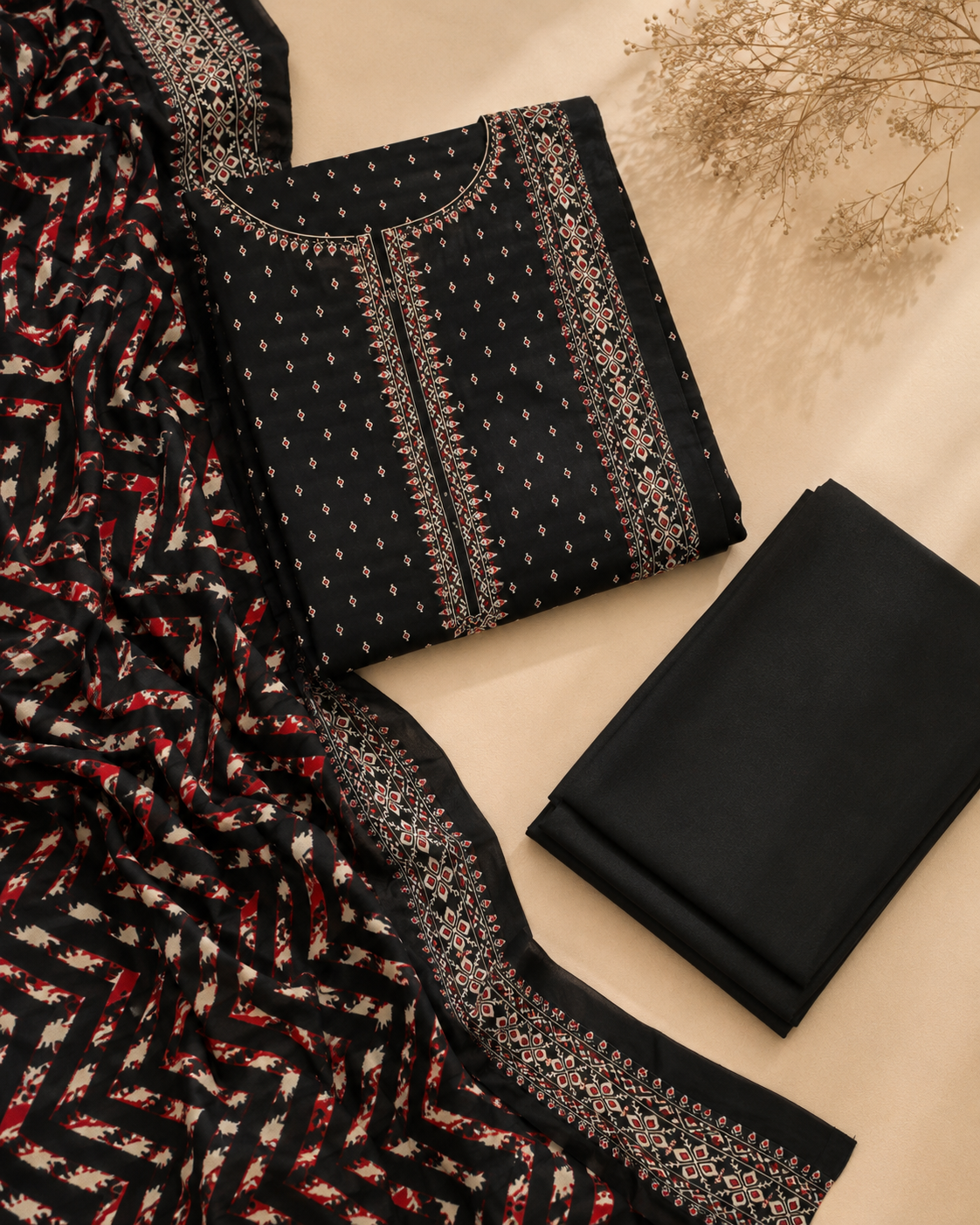 Black & Red Printed Unstitched 3-Piece Ladies Suit