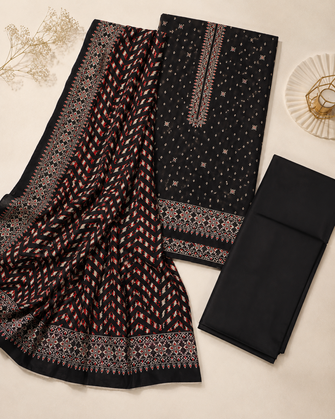 Black & Red Printed Unstitched 3-Piece Ladies Suit