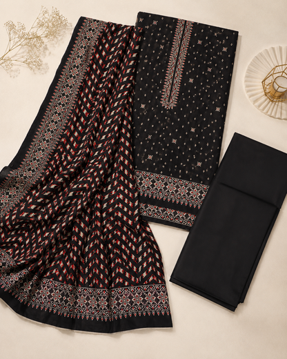 Black & Red Printed Unstitched 3-Piece Ladies Suit