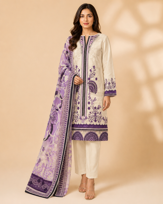 Ivory & Lavender Floral Printed 3 Piece Unstitched Suit