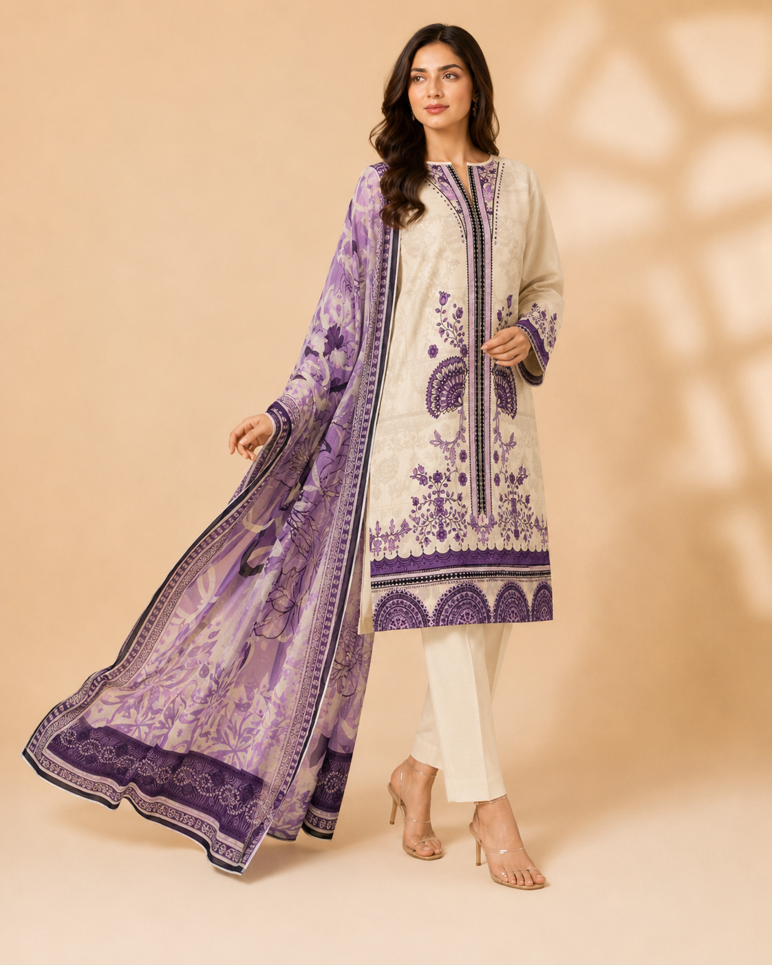 Ivory & Lavender Floral Printed 3 Piece Unstitched Suit