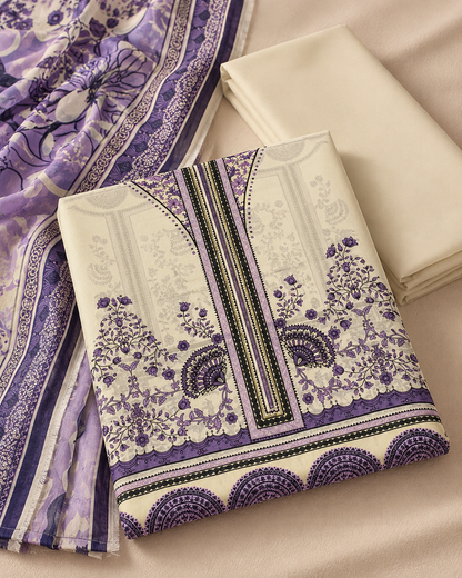 Ivory & Lavender Floral Printed 3 Piece Unstitched Suit