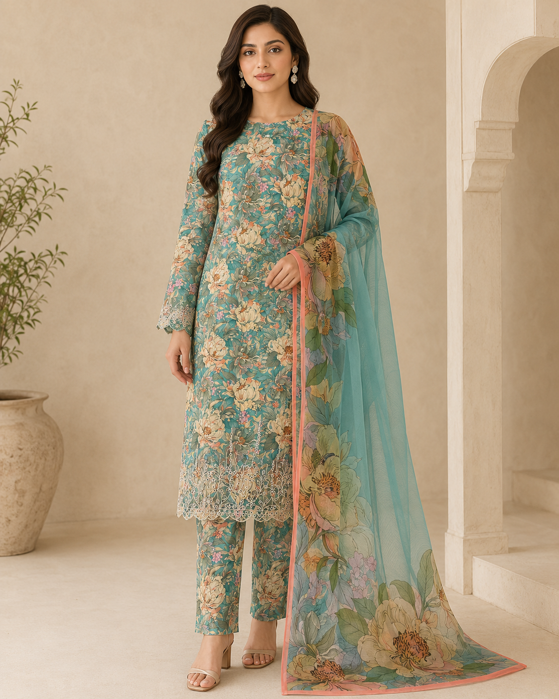 Sea Green Floral 3 Piece Unstitched Suit with Matching Printed Trouser & Printed Dupatta