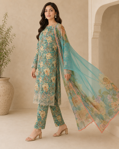 Sea Green Floral 3 Piece Unstitched Suit with Matching Printed Trouser & Printed Dupatta