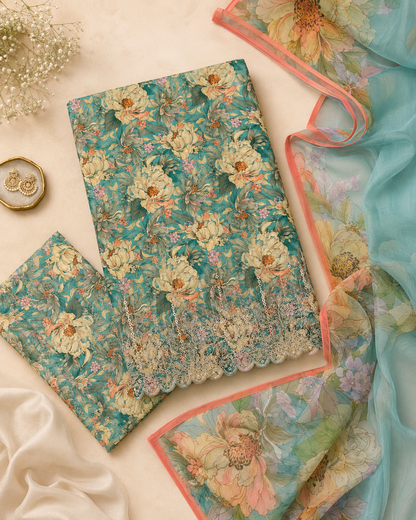 Sea Green Floral 3 Piece Unstitched Suit with Matching Printed Trouser & Printed Dupatta