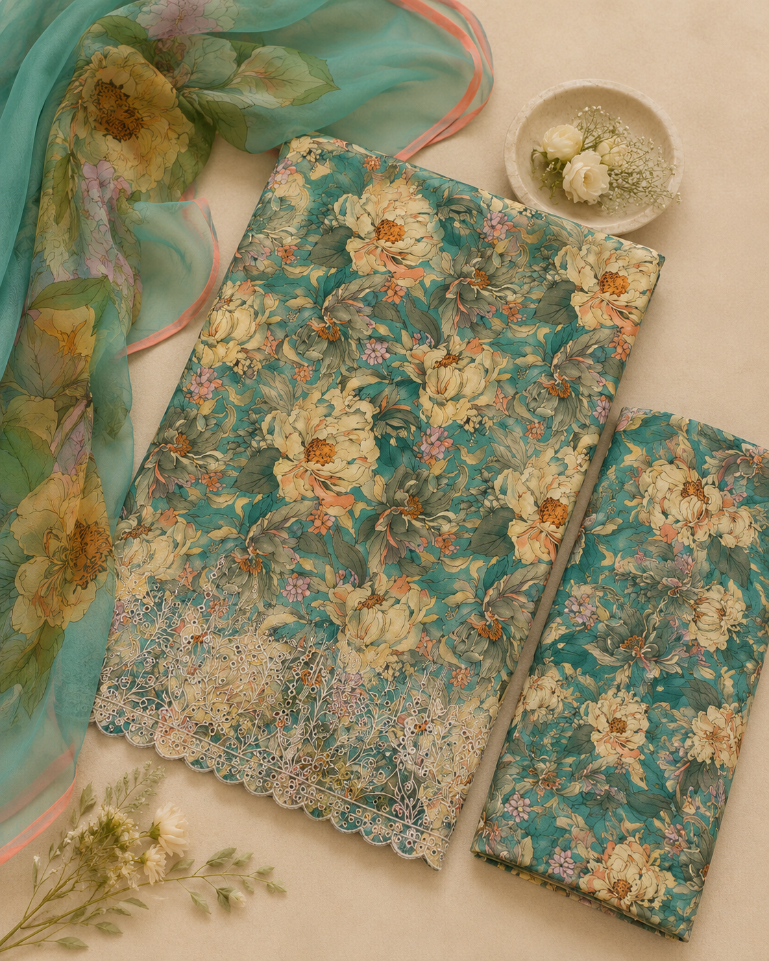 Sea Green Floral 3 Piece Unstitched Suit with Matching Printed Trouser & Printed Dupatta