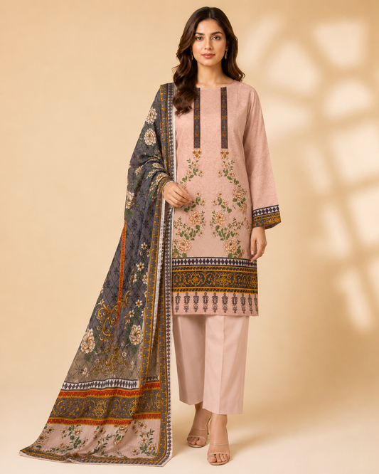 Blush Pink Floral Printed 3 Piece Unstitched Suit with Contrast Dupatta