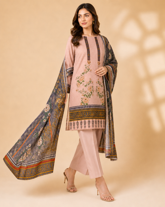 Blush Pink Floral Printed 3 Piece Unstitched Suit with Contrast Dupatta