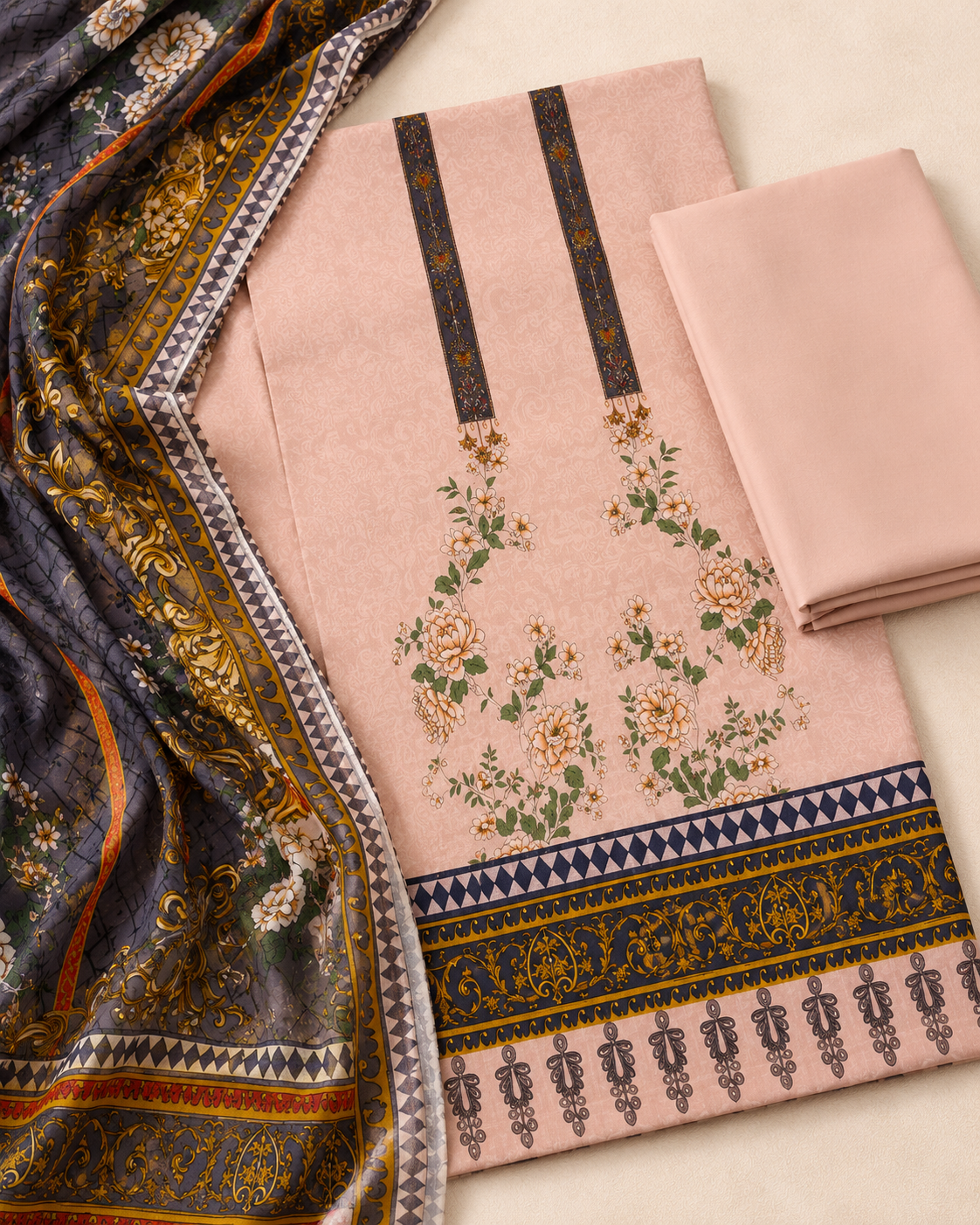 Blush Pink Floral Printed 3 Piece Unstitched Suit with Contrast Dupatta