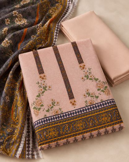 Blush Pink Floral Printed 3 Piece Unstitched Suit with Contrast Dupatta
