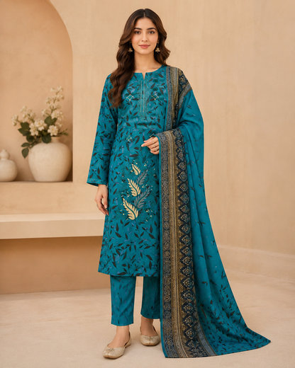 Teal Leaf Print Embroidered 3 Piece Unstitched Suit