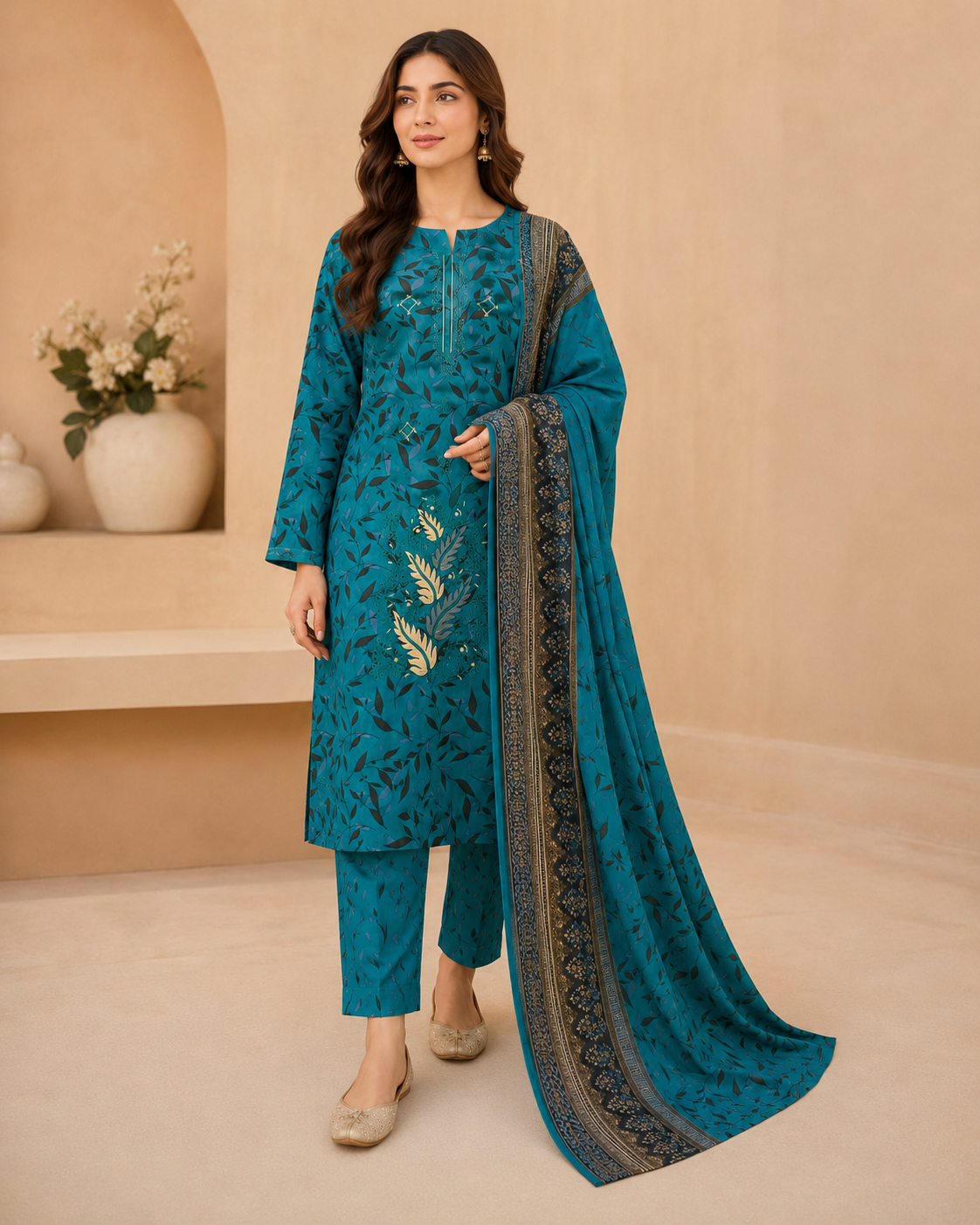 Teal Leaf Print Embroidered 3 Piece Unstitched Suit