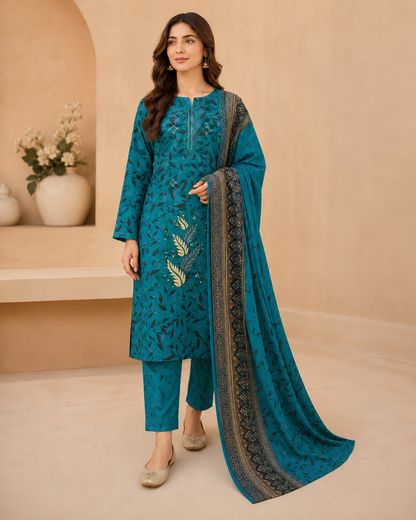 Teal Leaf Print Embroidered 3 Piece Unstitched Suit