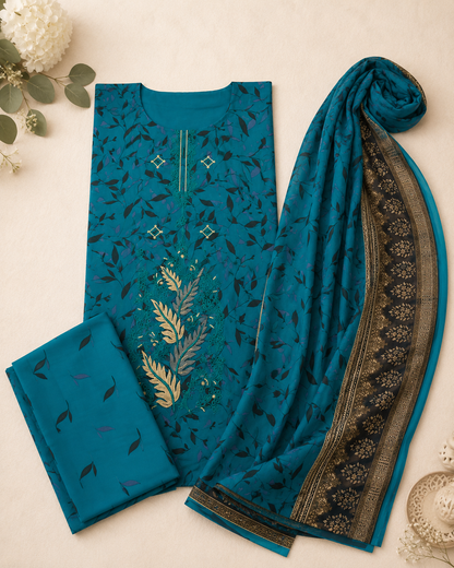 Teal Leaf Print Embroidered 3 Piece Unstitched Suit