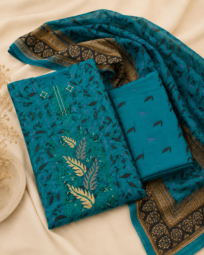 Teal Leaf Print Embroidered 3 Piece Unstitched Suit