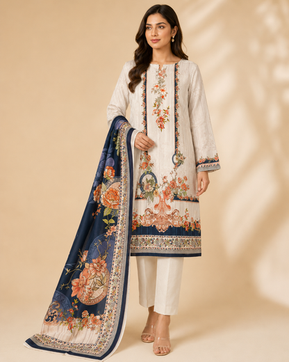 Ivory & Navy Floral Printed Unstitched 3-Piece Suit