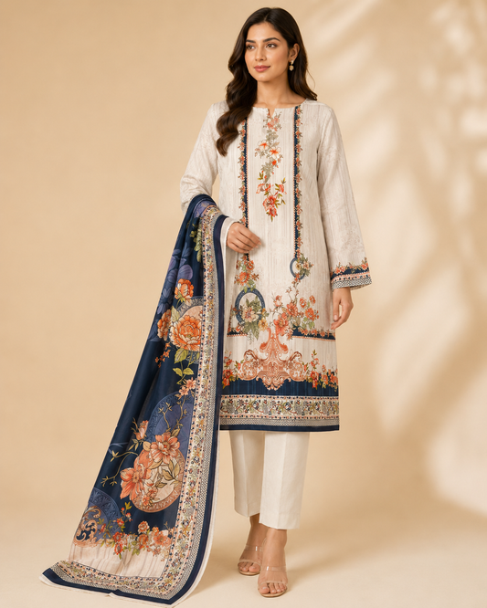 Ivory & Navy Floral Printed Unstitched 3-Piece Suit