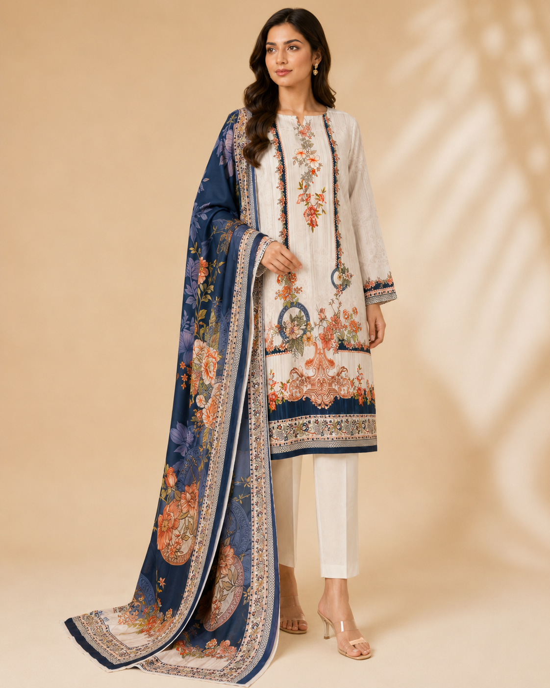 Ivory & Navy Floral Printed Unstitched 3-Piece Suit